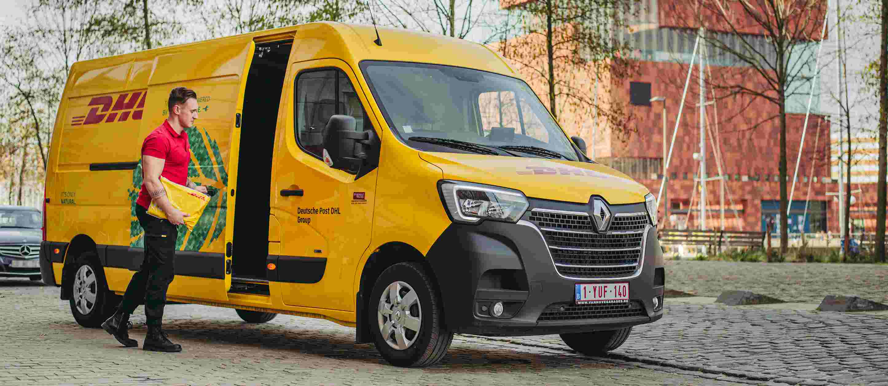 DHL courier with electric van in Antwerp
