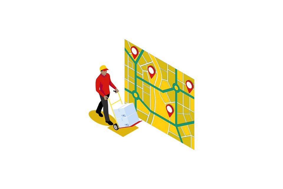 DHL courier next to map