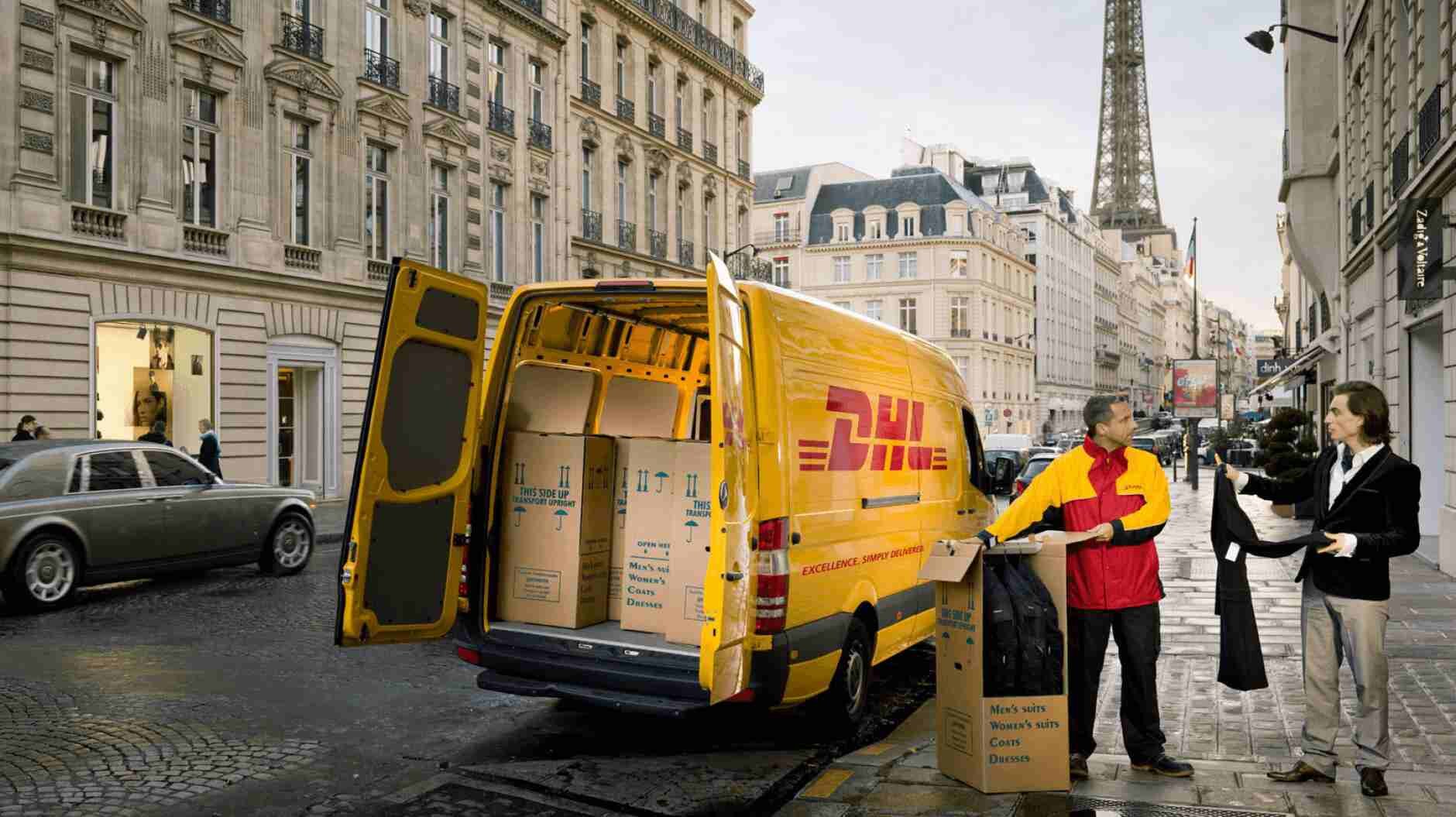 DHL courier delivering clothes in Paris